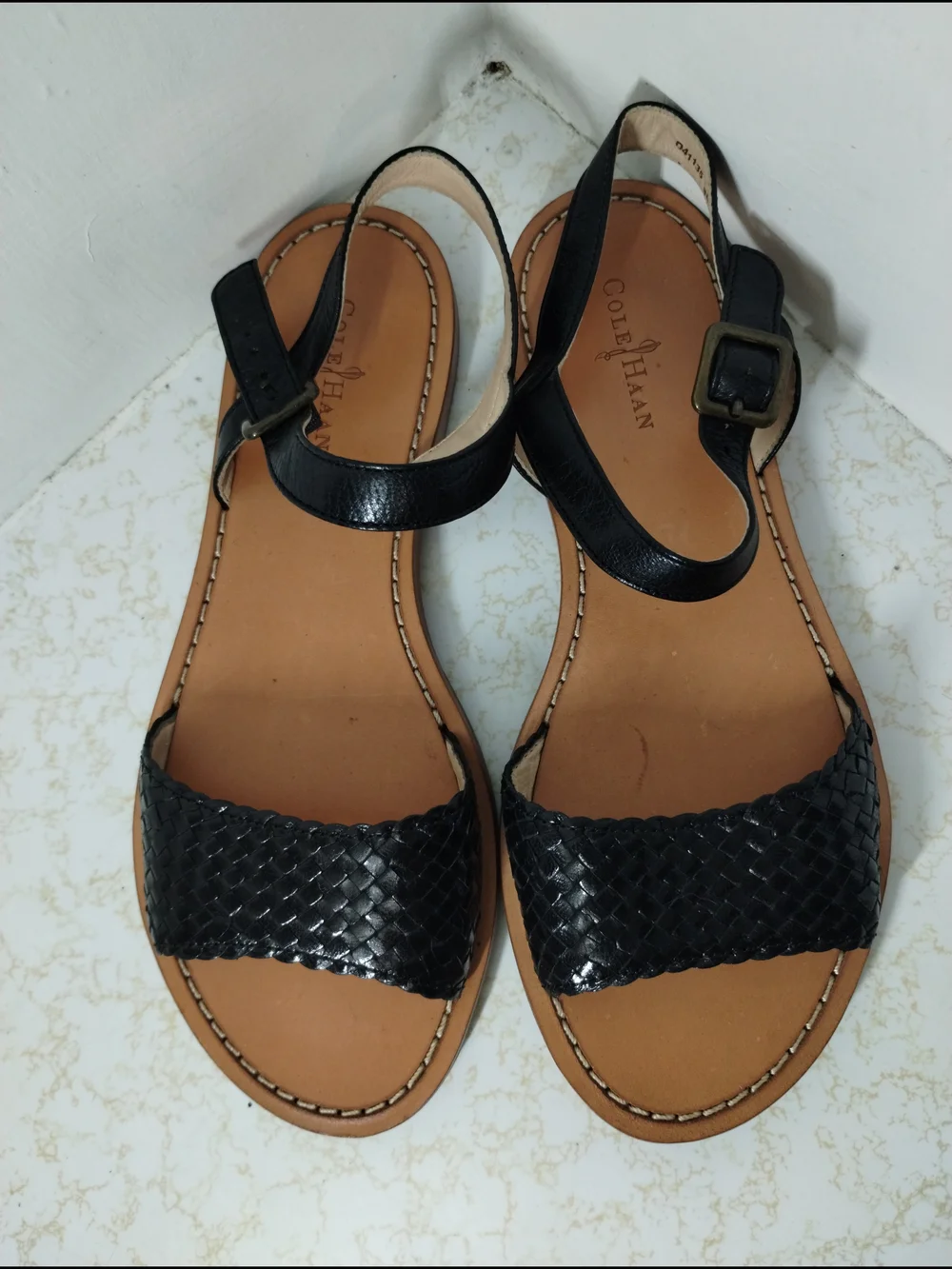 Cole Haan Black Woven Front Strap Leather Slingback Sandals